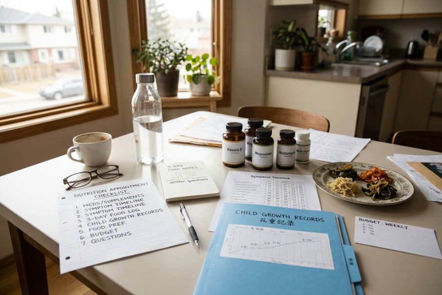 Appointment checklist includes medicines, supplements, symptoms, ordinary food notes, growth records, preferences, budget, and written questions.