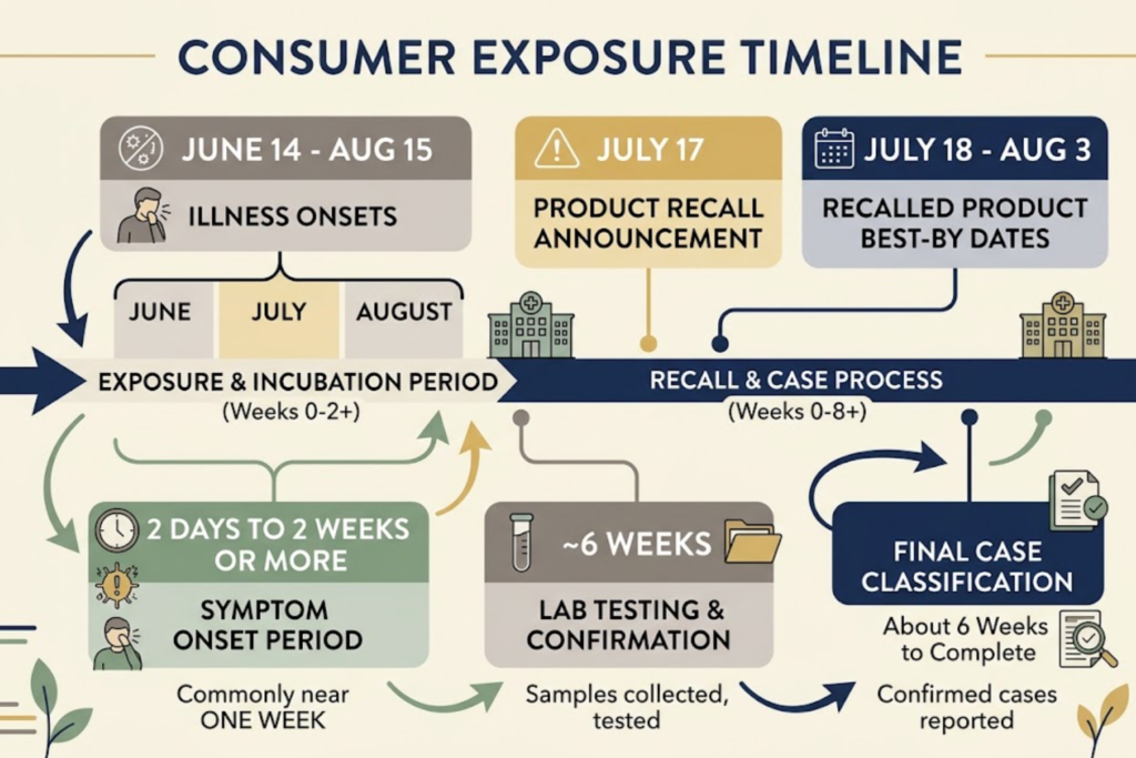 Recall, exposure, symptom, and case-reporting timelines do not occur at the same time.
