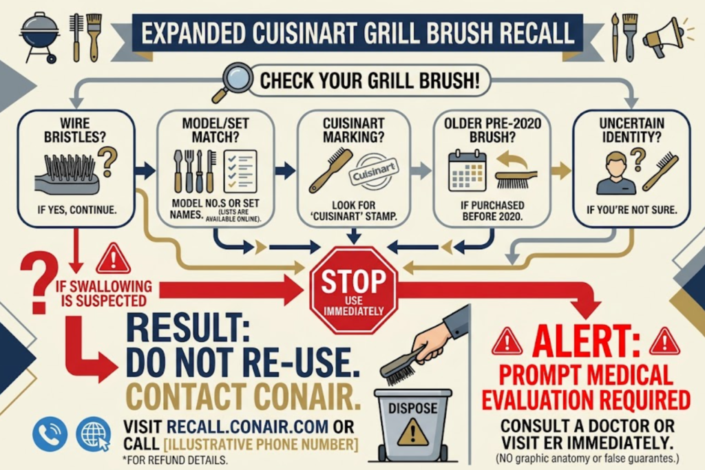 Identification paths lead to stop use and recall contact, while suspected ingestion leads to medical care.