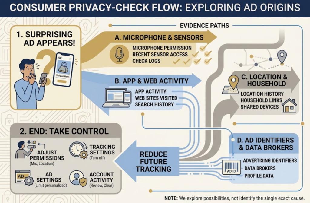 A surprising ad can prompt checks of microphone access, activity, location, identifiers, and broker data.