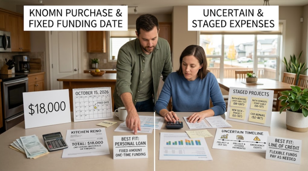 Personal Loan vs Line of Credit - A known one-time purchase and uncertain staged expenses lead to different borrowing structures.
