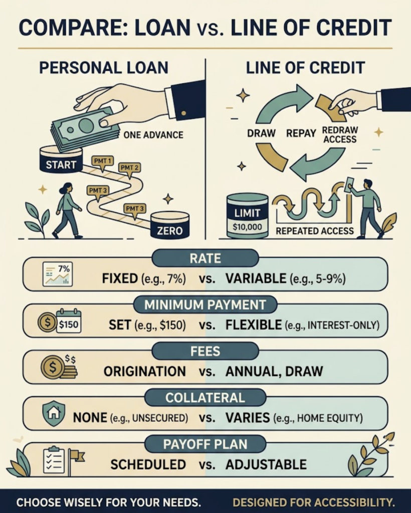 A personal loan follows one scheduled path to zero while a line of credit allows repeated borrowing within a limit.