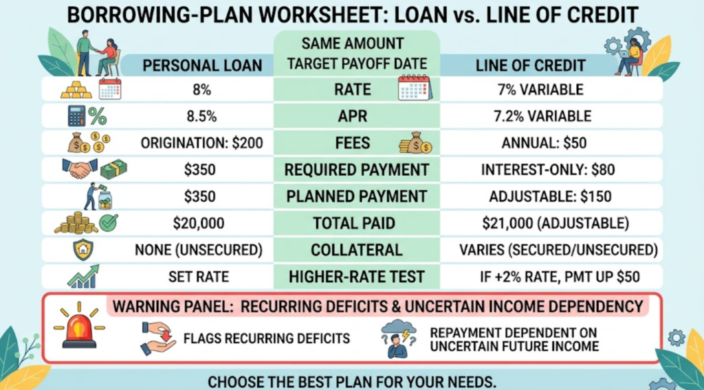 A worksheet compares a personal loan and line of credit using the same amount, payoff date, costs, and collateral risk.