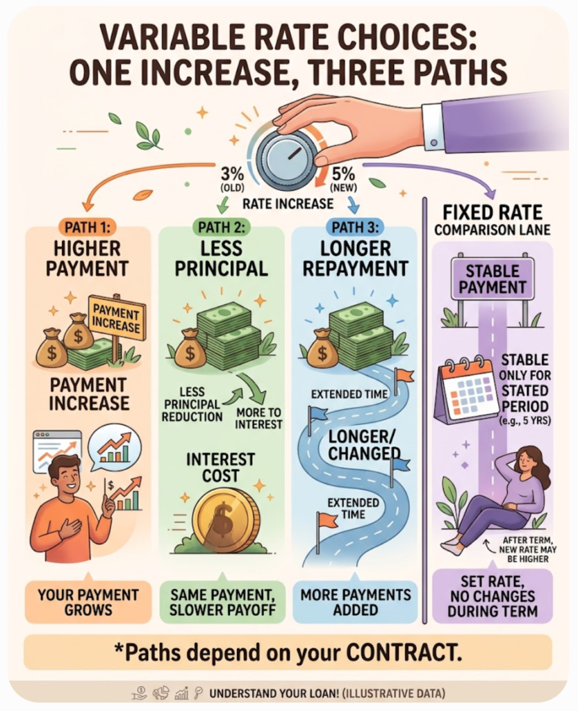 A variable-rate increase can raise the payment, reduce principal repayment, or alter the repayment path depending on the contract.