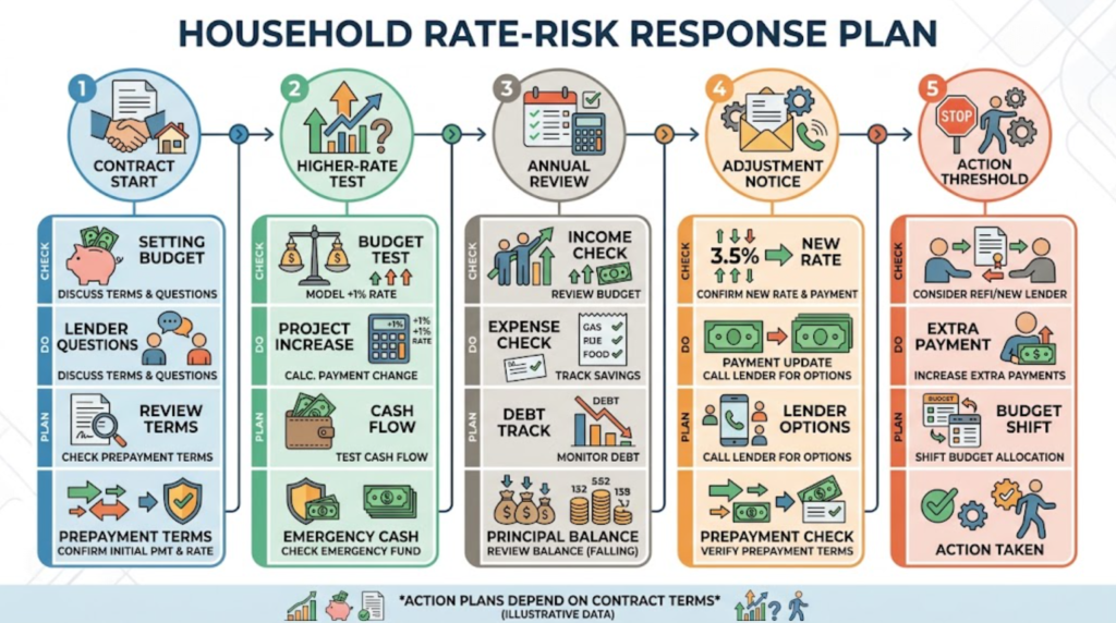A household rate plan connects contract reviews and notices to payments, principal, cash reserves, and predetermined actions.