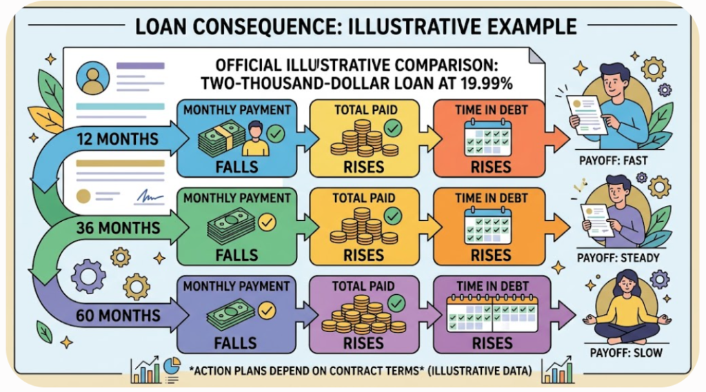 How Loan Terms Change your Cost - The same illustrative loan has a lower monthly payment but a higher total cost when repayment is extended from 12 to 60 months.