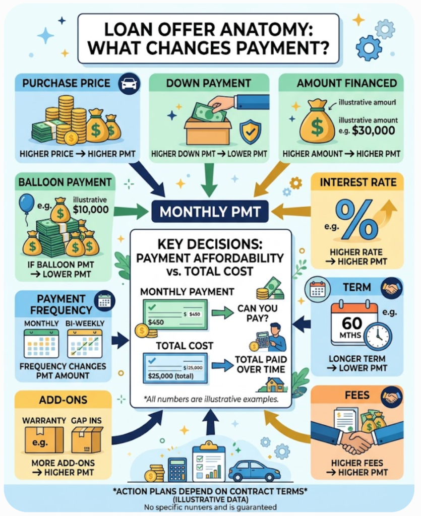 A monthly loan payment can change when price, down payment, rate, term, fees, add-ons, frequency, or balloon amount changes.