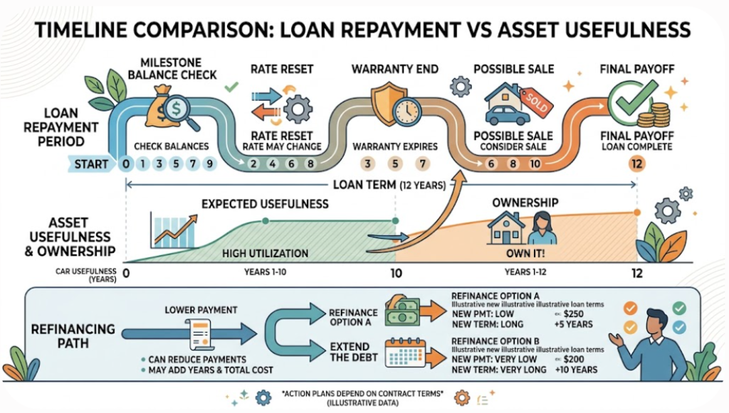 Parallel timelines compare the loan balance with the asset's useful life, expected ownership, renewal, sale, and payoff dates.