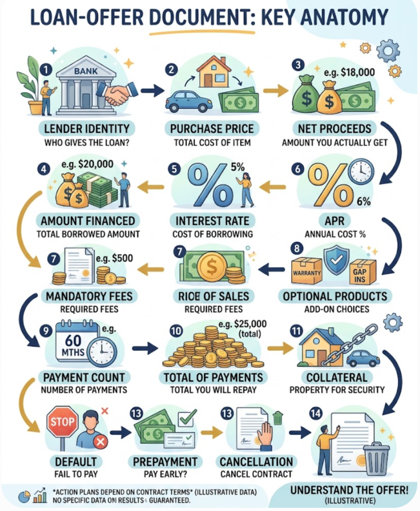 A loan-offer map highlights the lender, proceeds, financed amount, borrowing cost, fees, payment schedule, collateral, and exit terms.