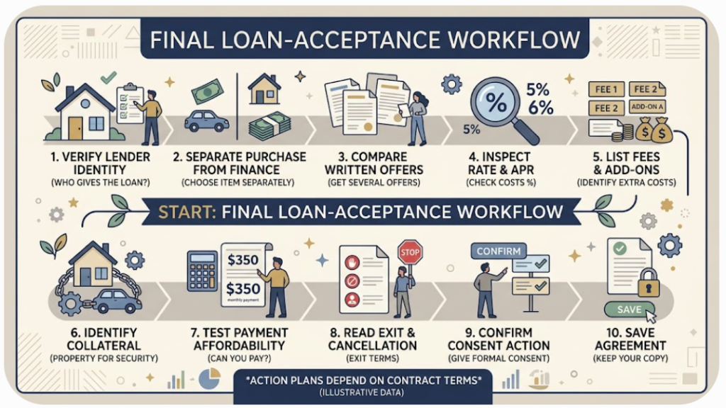 A loan workflow places lender verification, cost comparison, collateral, exit terms, and consent before final acceptance.