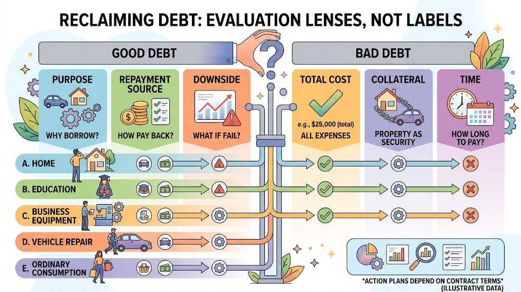 Good Debt vs Bad Debt: : Six decision tests replace simple good-debt and bad-debt labels for several borrowing purposes.