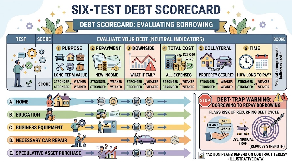 A neutral scorecard compares several debts across purpose, repayment, downside, cost, collateral, and timeline.
