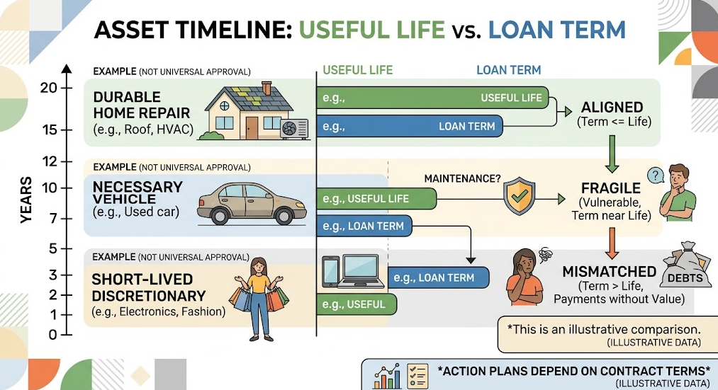 Borrowing for a Major Purchase -Three timelines compare how long a major purchase remains useful with how long its debt continues.
