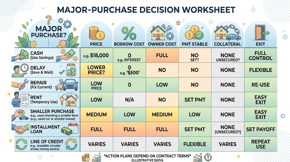 A worksheet compares purchase alternatives and financing sources across cost, stability, collateral, and exit.