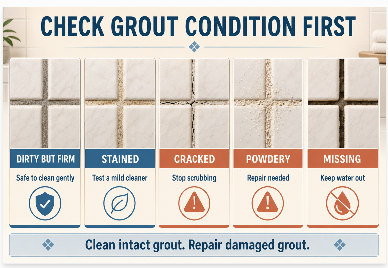 Close-up guide comparing dirty grout with cracked, powdery, and missing grout., clean bathroom tile grout