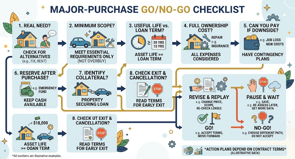 A major-purchase checklist tests need, scope, useful life, cost, reserves, collateral, and exit.