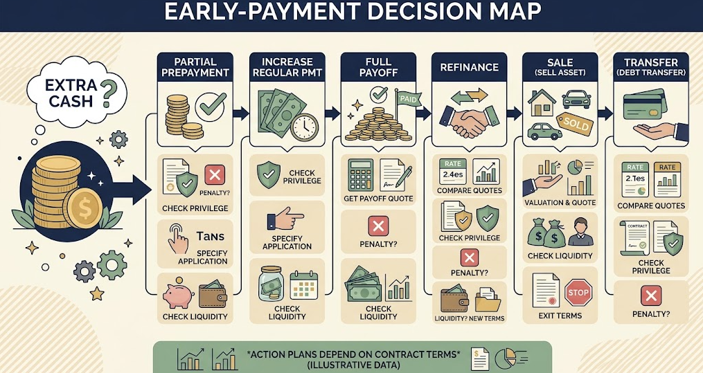 How to Compare loan Prepayment and Penalty Terms - An early-payment map routes repayment actions through privilege, penalty, quote, and liquidity checks.