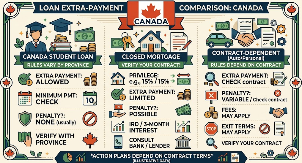 Student, mortgage, and vehicle loans can apply different rules to the same early-payment intention.