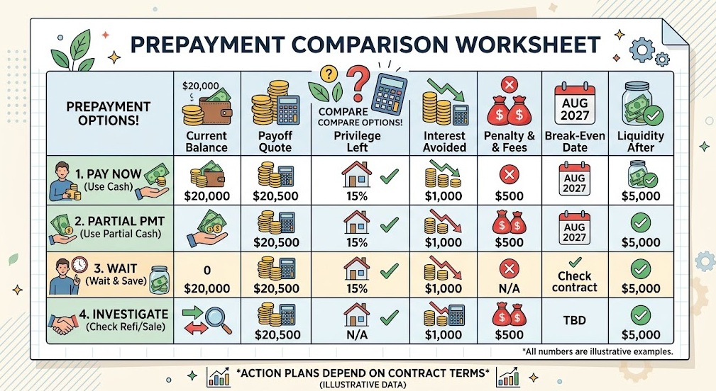 A worksheet compares interest avoided, charges, break-even, and liquidity before repayment.