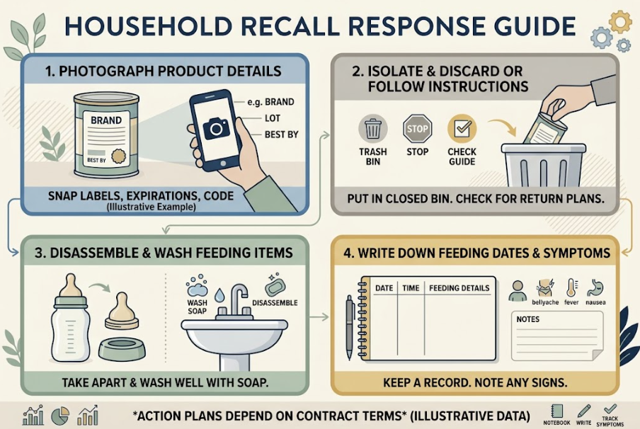 Document, remove, clean, and record are the four household response steps.