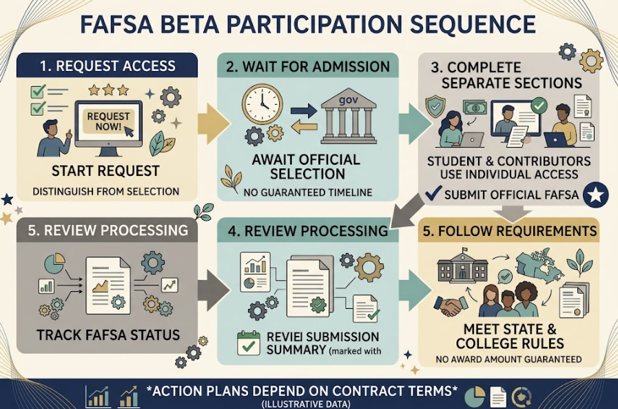FAFSA beta access proceeds from request and admission through official submission and separate school follow-up.
