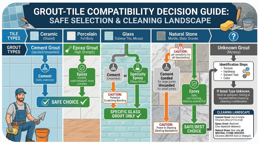 Decision guide for checking grout type, tile material, coatings, and cleaner compatibility.