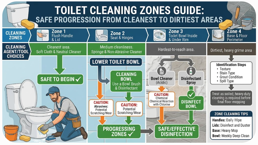 Toilet diagram separating high-touch exterior, bowl-only, base, and floor cleaning zones. Toilet Cleaning Routine