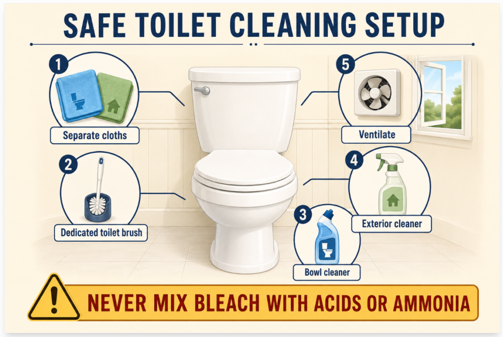 Safe toilet-cleaning setup with separate tools and products and a warning never to mix cleaners.