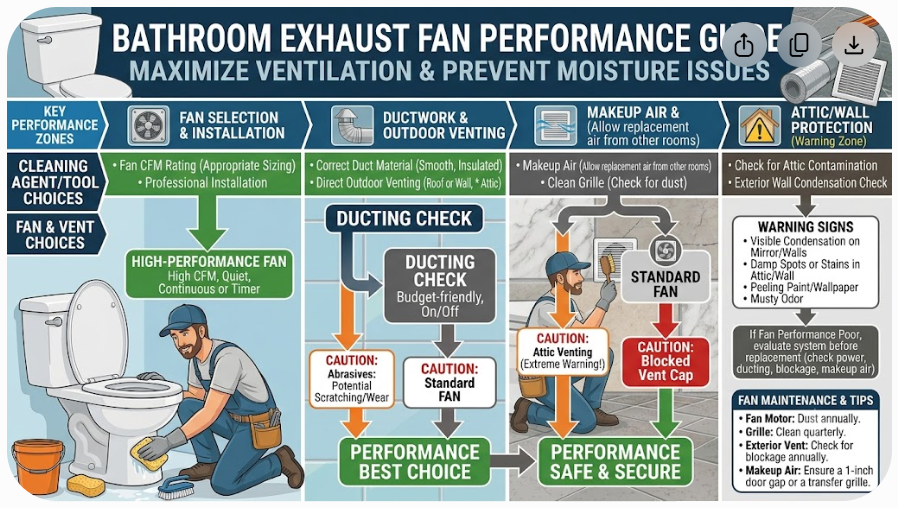 Bathroom fan check showing clear airflow, outdoor exhaust, replacement air, and post-shower drying.
