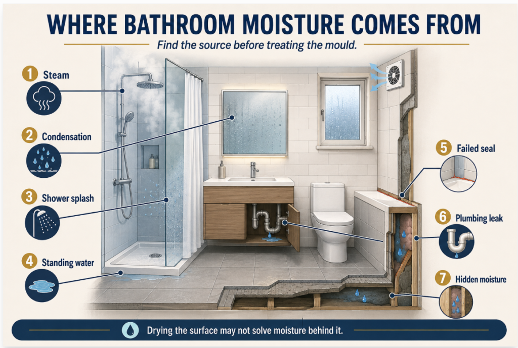 Bathroom diagram showing condensation, splashes, trapped water, and hidden leaks that can support mould.