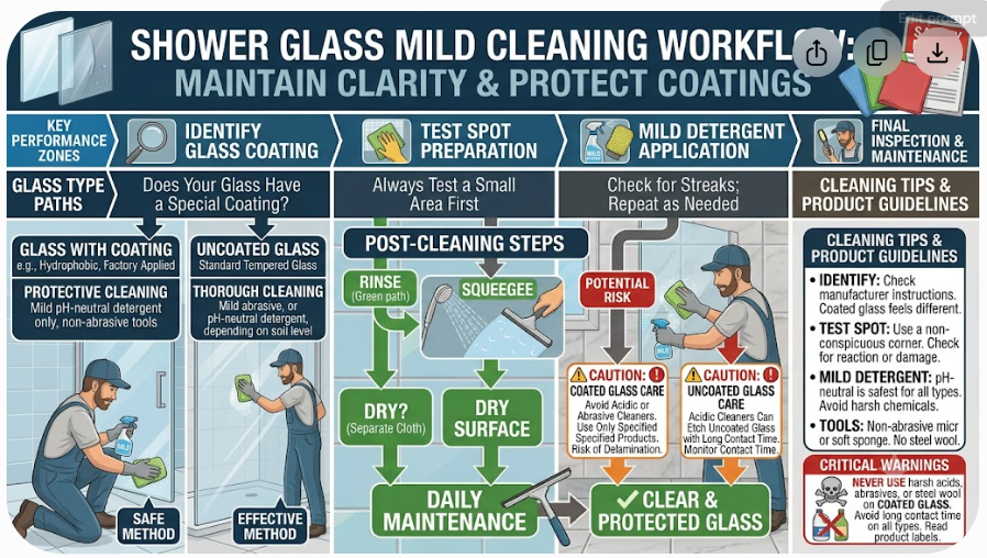 Six-step shower-glass cleaning workflow from identifying the coating through inspecting the dry result.
