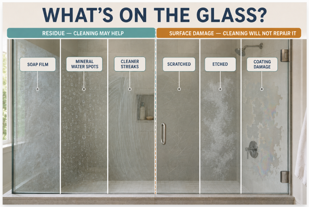 Four glass shower-door conditions showing soap film, mineral spots, cleaner residue, and possible surface damage.