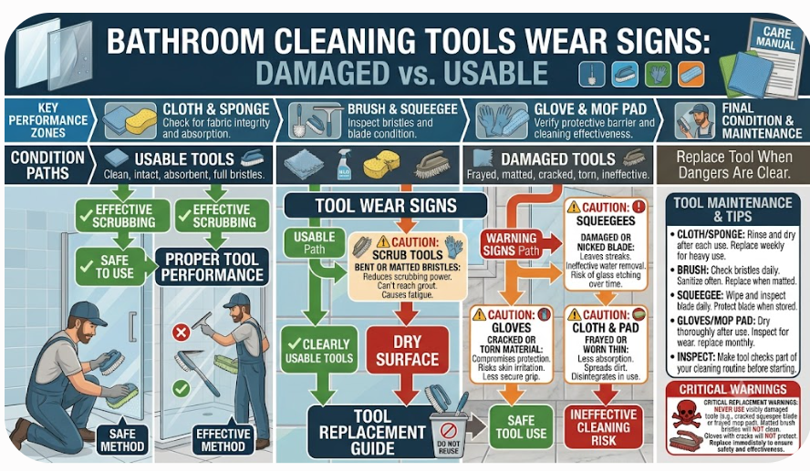Usable and damaged bathroom cloths, sponges, brushes, squeegees, gloves, and mop pads compared.