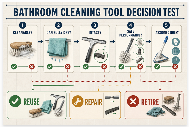 Five checks for deciding whether to reuse, reassign, repair, or replace abathroom cleaning tools.