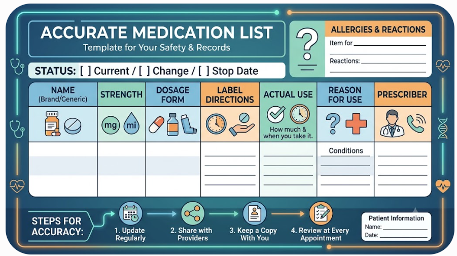 Annotated medication list showing medicine details, actual use, status, and reaction fields