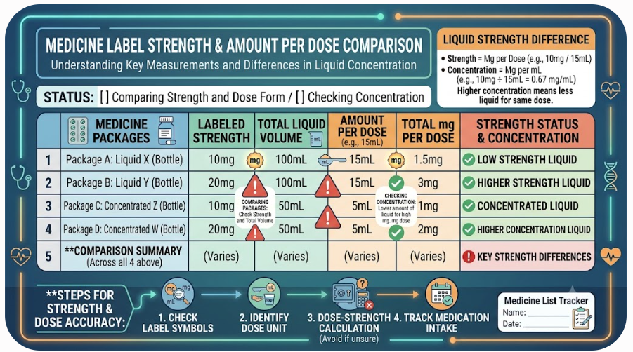 Infographic separating medicine strength, amount per dose, and liquid concentration