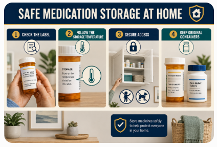 our-part medication storage check covering label conditions, home environment, secure access, and clear identification.” Safe Medication Storage