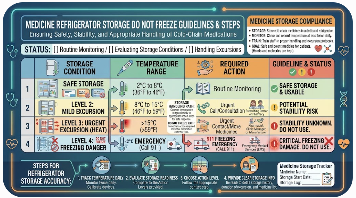Medicine storage guide comparing a cool dry cabinet with label-directed refrigeration and a stop-and-verify step after temperature exposure.”