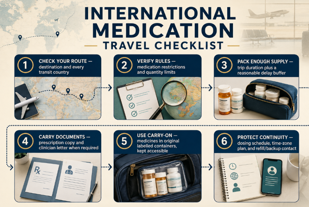 Medication travel planning map connecting the full route with supply, documents, transport, storage, and continuity checks