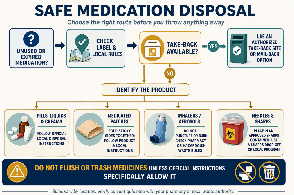 how to dispose of expired medication, find authorized take-back options, handle flushing and trash rules, separate sharps, and protect privacy.