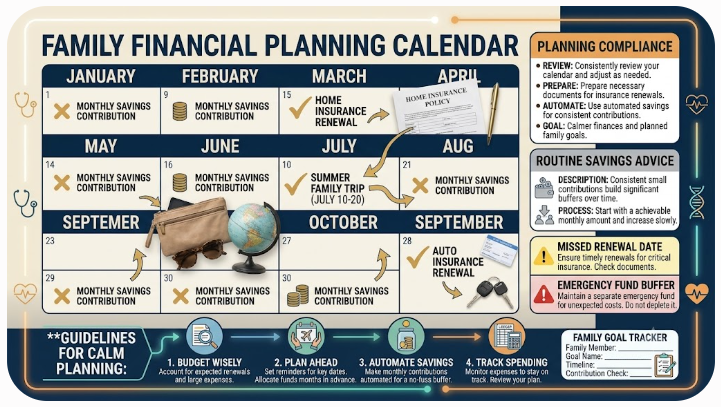 Family calendar showing monthly savings toward a vacation and two annual insurance renewals. - a sinking fund