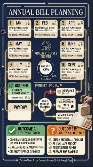 Calendar showing small payday transfers building toward one annual renewal bill. Sinking Funds for Annual Bills