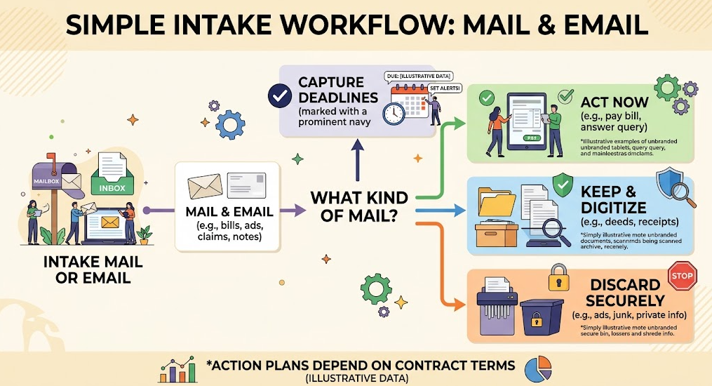 A household record moves from verification and deadline capture to action, filing, optional digitizing, or secure disposal.