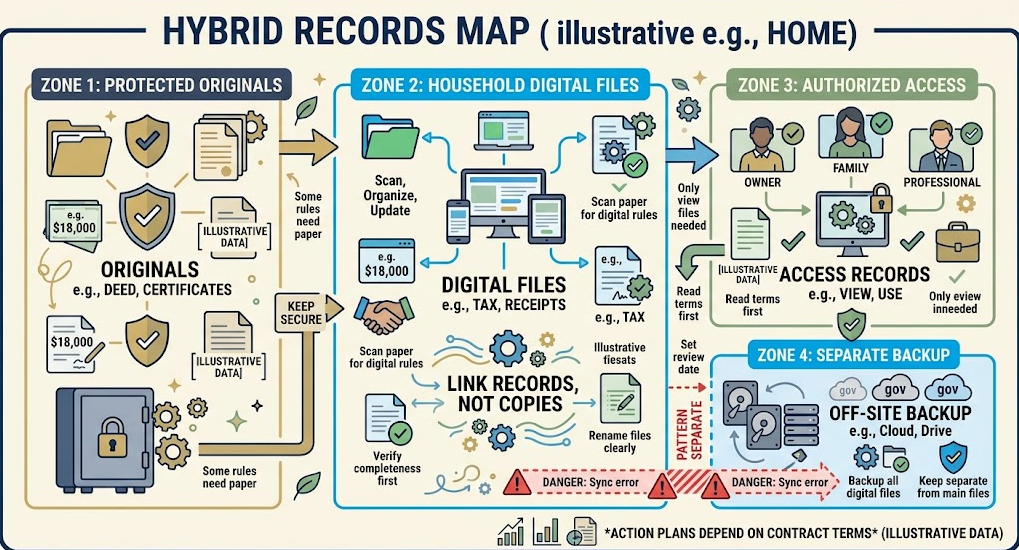 Four household records use paper-primary, digital-primary, or selective hybrid storage based on their purpose.