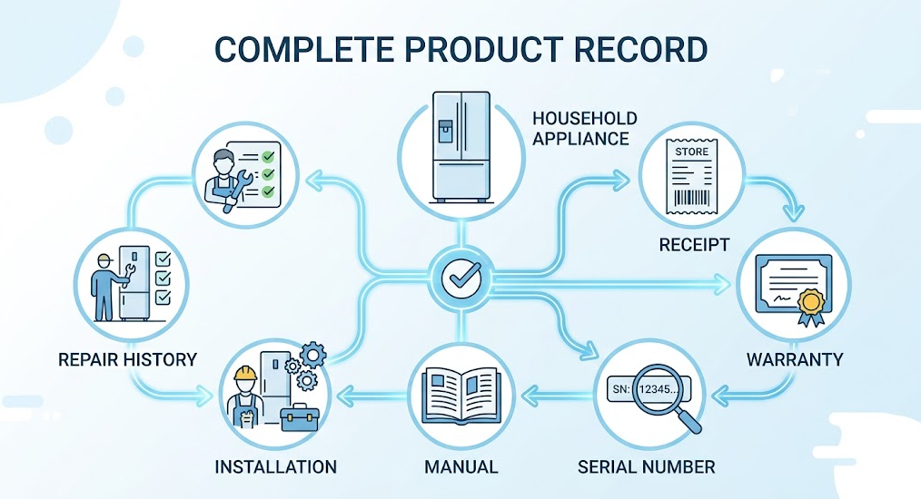 How to Organize Warranties and Manuals - An appliance is linked to its receipt, warranty, serial number, manual, installation, maintenance, and repair records.