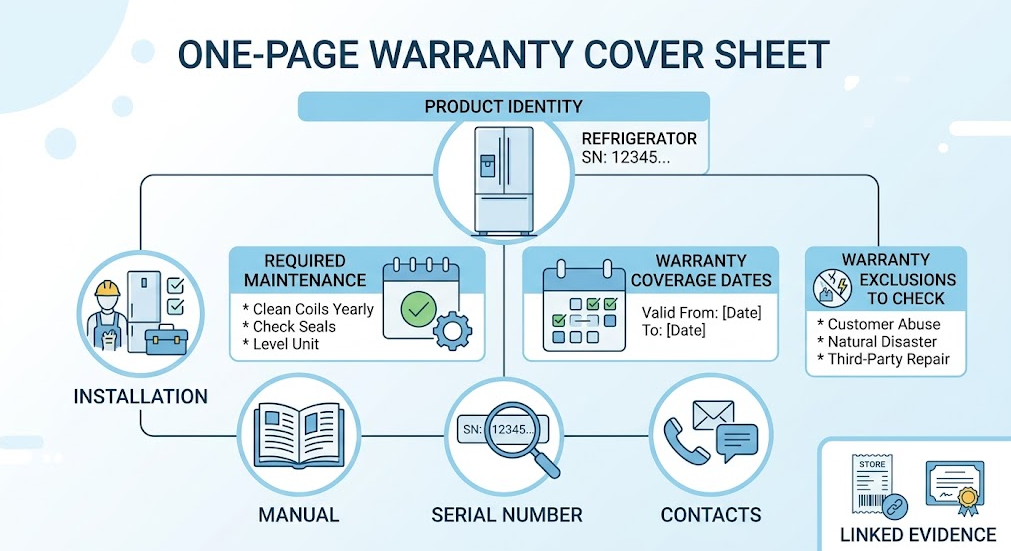 A warranty cover sheet summarizes product identity, coverage dates, maintenance, contacts, and supporting evidence.