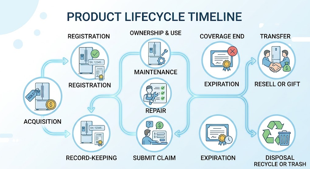 A product record follows purchase, identification, registration, maintenance, claims, coverage end, and transfer or disposal.