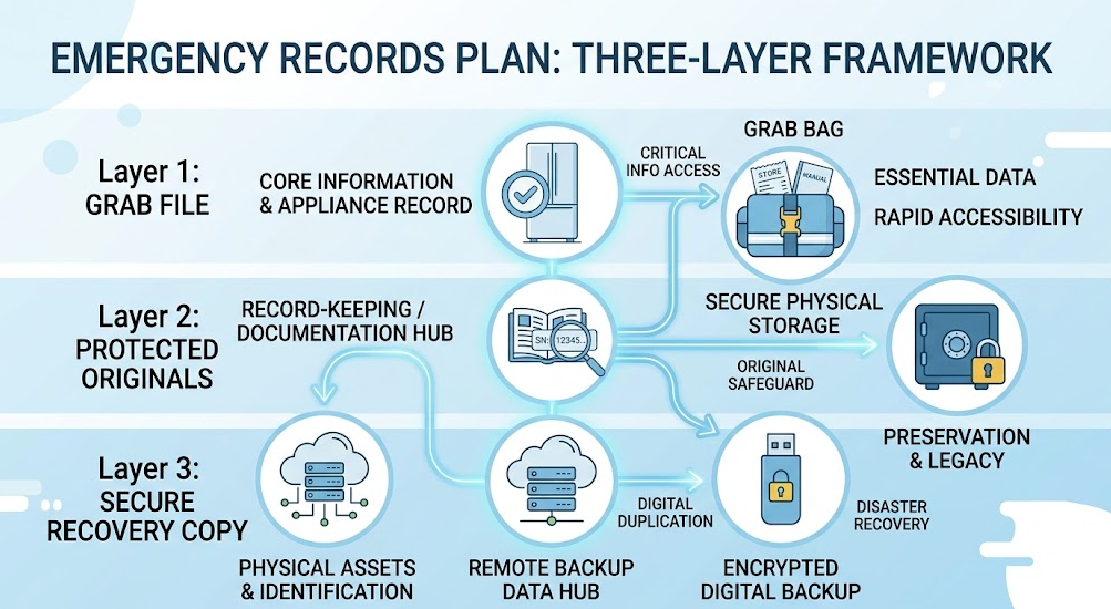 Build an emergency document grab file - Emergency household records are separated into a portable file, protected originals, and a secure recovery copy.