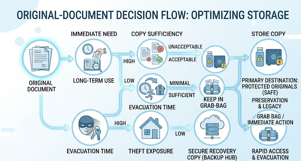 A decision flow weighs immediate need, copy sufficiency, replacement, evacuation time, and theft before carrying an original.
