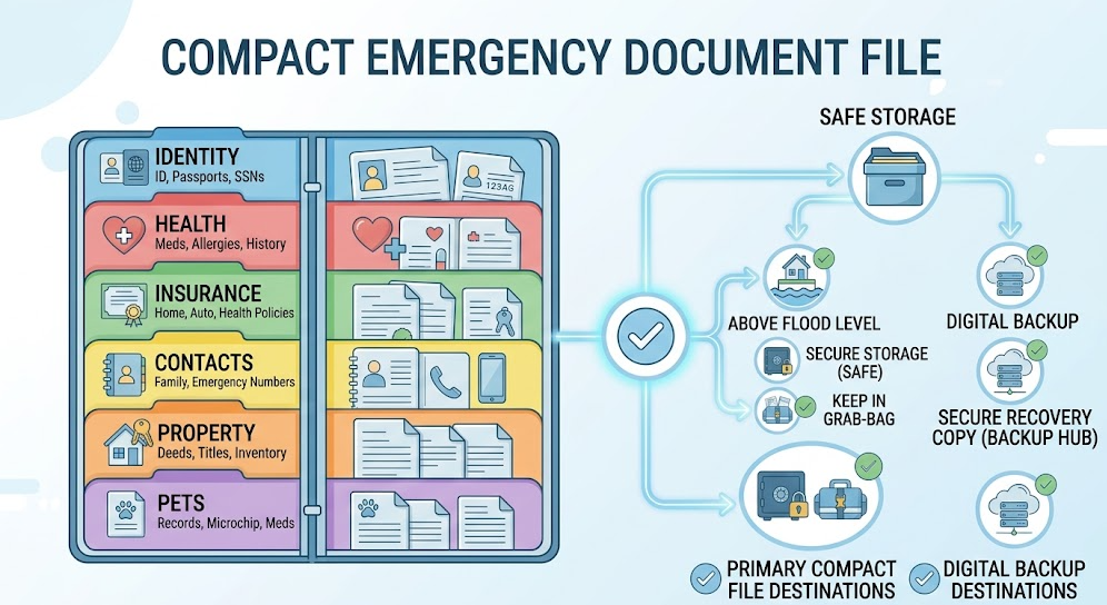 A compact emergency file separates contact, identity, health, insurance, property, financial, dependant, and pet records.